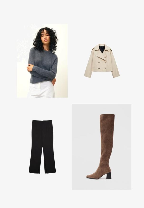 Giacca cropped doppio petto beige realizzata in misto cotone, con ampio bavero, due tasche anteriori e dettagli con bottoni sul davanti.; Authentic Cashmere ECRIN - Maglione - mottled anthracite; Pantaloni neri a gamba dritta, con tasche frontali e spacchi laterali all'orlo. Realizzati in tessuto morbido e liscio. Adatti a diverse occasioni.; Stivali marroni sopra il ginocchio in morbido camoscio, con punta affusolata e tacco grosso nero. Il design presenta cuciture senza soluzione di continuità per un aspetto elegante.