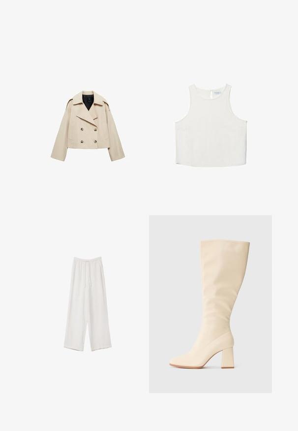 Vaalean beige rajattu kaksirivinen takki, joka on valmistettu puuvillasekoitteesta. Takissa on suuri kaulus, kaksi etutaskua ja napitusyksityiskohtia edessä.; Valkoinen hihaton paita, jossa on pyöreä pääntie, hienovarainen tekstuuri, avaustakki ja suora helma.; Valkoiset leveälahkeiset housut kevyestä kankaasta. Ominaisuuksiin kuuluu elastinen vyötärö, jossa on nauhakuuluma ja sivutaskut. Sileä rakenne.; Kreemivärvi kuni põlveni ulatuv saabas, millel on ploki konts ja sile viimistlus, kujutatud külgprofilis lihtsal taustal.