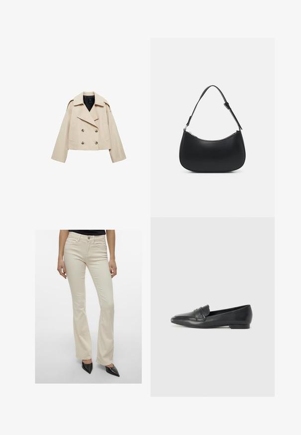 Beige cropped double-breasted jas gemaakt van een katoenmix, met een grote revers, twee voorzakken en knoopaccenten op de voorkant.; Langsleeve ivoorkleurige blouse met een puntkraag, sluiting met knopen aan de voorkant en een licht gebogen zoom. Gemaakt van een gladde, lichte stof.; Crème-kleurige flared broek gemaakt van een rekbare katoenmix. Heeft standaard vijf-pocket styling en een knoopsluiting aan de voorkant.; Zwarte leren loafers met een spitse neus, slank profiel en decoratieve stiksels aan de bovenkant. Heeft een lage hak en een gladde, glanzende textuur.; Pieces PCALUANA SHOULDER BAG - Handtas - black