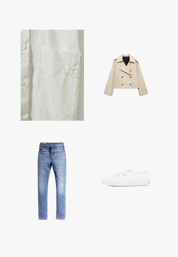 Beige taillierte doppelkinnige Jacke aus Baumwollmischung, mit einem großen Revers, zwei Fronttaschen und Knopfakzenten auf der Vorderseite.; Weißes Hemd mit Knöpfen und einer Brusttasche links, mit einem dezenten gestickten Logo in passendem weißen Faden. Glattes, leichtes Material.; Hellblaue Denim-Jeans mit geradem Bein, fünf Taschen und kontrastierenden Nähten. Der Stoff sieht leicht abgerieben aus.; Weißes Leinensneaker mit goldenen Ösen, flachen Schnürsenkeln, strukturiertem Gummisohle und minimalem Branding an der Seite. Niedriges Profil.