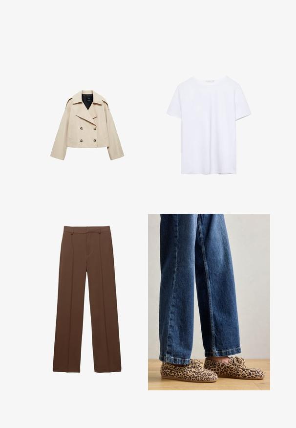 Beżowa skrócona marynarka o podwójnym zapięciu, wykonana z mieszanki bawełny, z dużym kołnierzem, dwiema przednimi kieszeniami i guzikami na przodzie.; Prosta, biała koszulka z krótkim rękawem i okrągłym dekoltem, z prostym wykończeniem, wyeksponowana na białym tle.; Brązowe, szerokie spodnie z gładkiego materiału; mają wyłożone pliski z przodu i płaski pas z szlufkami na pasek.; Mokasyny w panterkę wykonane z zamszu, z okrągłym noskiem, sznurowanym zapięciem i płaską, elastyczną podeszwą, w zestawieniu z niebieskimi dżinsami.