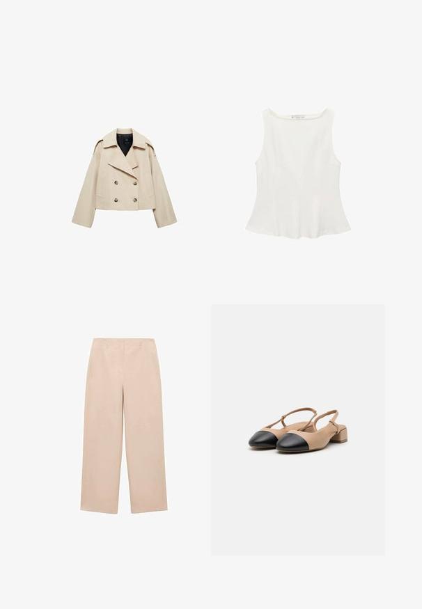 Bežna kratka dvoredna jakna iz mešanice bombaža, ki ima široke reverje, dva sprednja žepa in gumbaste detajle spredaj.; Bela brezrokavna majica s krožnim izrezom, z razširjenim krojem in gladko teksturo, narejena iz lahkotnega materiala. Preprost dizajn brez motivov.; Bež široke hlače izdelane iz gladkega materiala, s ravnim sprednjim delom in zankami za pas, brez vidnih vzorcev ali okrasnih elementov.; Bež usnjeni sandali s črnim zaključno kapom, blok peto in nastavljivim trakom. Gladka tekstura in minimalističen dizajn.