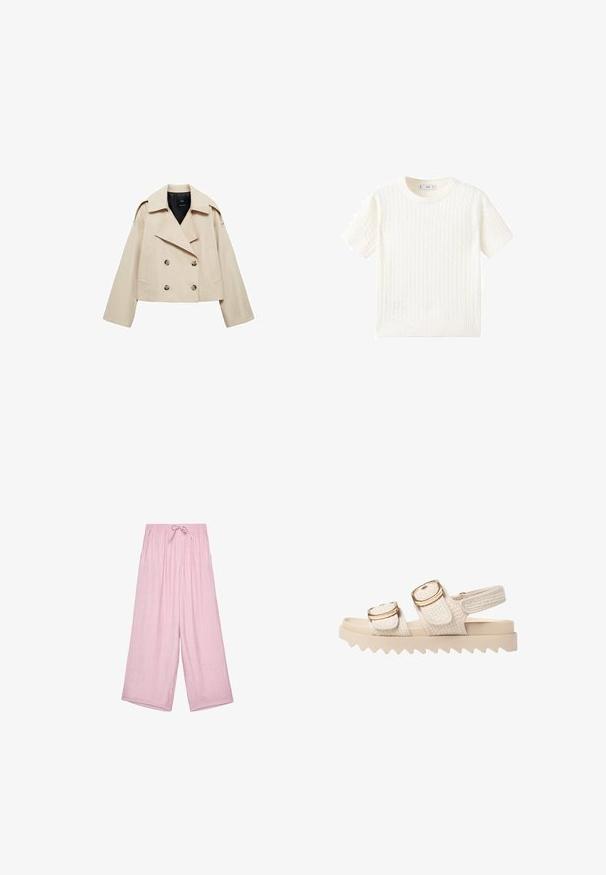 Bežna kratka dvoredna jakna iz mešanice bombaža, ki ima široke reverje, dva sprednja žepa in gumbaste detajle spredaj.; Bela kratka majica s kratkimi rokavi z vzorcem kabelskega pletenja, okroglo izrezano in rebrastim robom. Mehak material, sproščen kroj in čist dizajn.; Svetlo roza široke hlače iz teksturiranega materiala z elastičnim pasom in vrvico. Imajo stranske žepke in ohlapen kroj.; Svjetlosmeđi sandali s teksturiranim trakama i zlatnim elementima. Chunky potplat s cik-cak uzorkom za dodatno prianjanje i stabilnost.