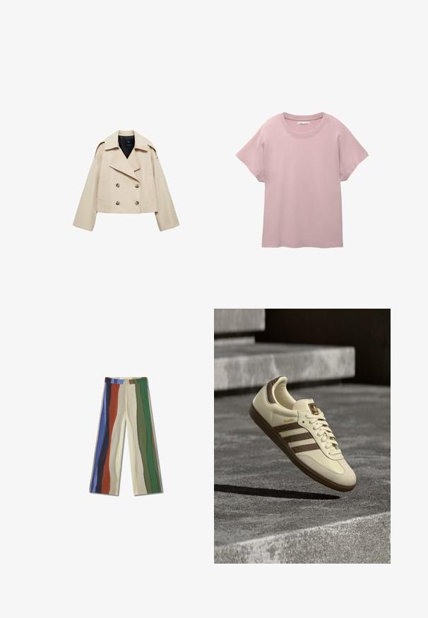 Beige cropped double-breasted jas gemaakt van een katoenmix, met een grote revers, twee voorzakken en knoopaccenten op de voorkant.; Lichtroze short-sleeve t-shirt van glad katoen. Heeft een ronde hals en een ontspannen pasvorm met een rechte afwerking aan de onderkant.; Wijdvallende broek in een katoenmix met meerkleurige verticale strepen van blauw, groen, rood en crème. Beschikt over een knoopsluiting en heeft geen zakken.; Crèmekleurige sneaker met bruine accenten, getextureerde zijstrepen en een glad leren afwerking. Voorzien van een veterontwerp en een rubberen zool.