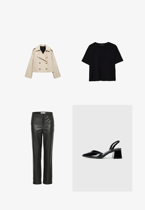 Bežna kratka dvoredna jakna iz mešanice bombaža, ki ima široke reverje, dva sprednja žepa in gumbaste detajle spredaj.; Črna kratkotrajna majica brez rokavov iz bombaža. Ima okroglo ovratnico in sproščen kroj z gladko, enostavno teksturo. Brez vidnih vzorcev ali dodatkov.; Črne usnjene hlače s ravnim krojem, ki imajo sprednje žepe in gumbasto zapiranje. Gladka tekstura s sijočim videzom.; Črne lakirane slingback pete s koničastim nosom in geometrijsko blokasto peto. Imajo eleganten, minimalističen dizajn in gladko teksturo.