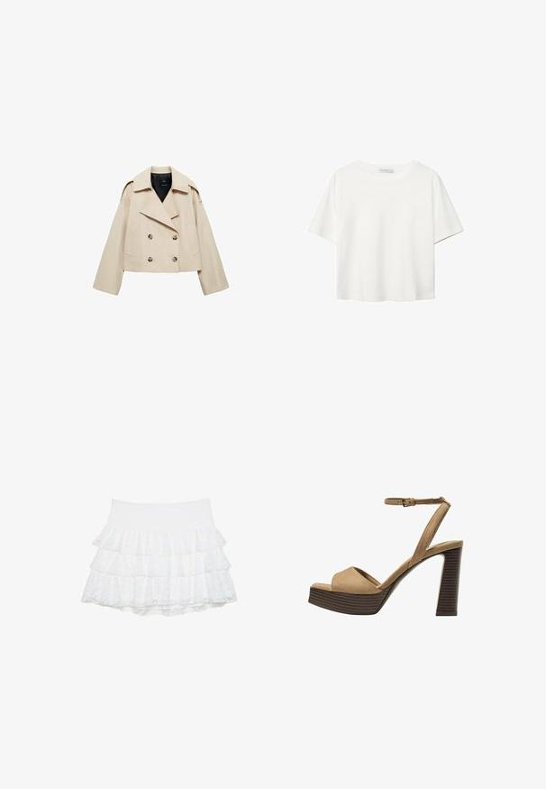 Beige kort jakke med dobbeltryk lavet af bomuldsblanding, med stor revers, to forlommer og knapdetaljer foran.; Hvid kortærmet t-shirt lavet af bomuld. Har en rund halsudskæring og en afslappet pasform. Glat tekstur uden synlige mønstre eller detaljer.; Hvid, lagdelt mini nederdel lavet af struktureret blonde med tre lag. Elastisk talje giver stræk. Ingen yderligere dekorationer.; Beige ruskinds højhælede sandaler med en bred foranrem og ankelrem, der har en kraftig træblokhæls struktur.