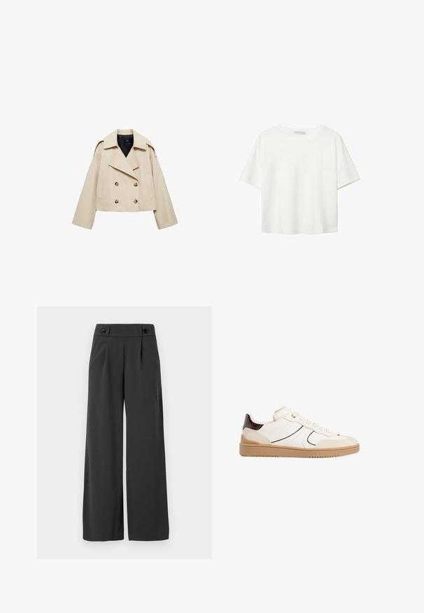 Bež kratak dvoredni jakna od mješavine pamuka, s velikim reverom, dva prednja džepa i dugmadi kao ukrasima sprijeda.; Bijela majica kratkih rukava od pamuka. Ima okrugli izrez i opušteni kroj. Glatka tekstura bez vidljivih uzoraka ili naglasaka.; Hlače širokog kroja od tamnosive tkanine, s visokim strukom, dva prednja dugmeta i glatkom teksturom s prednjim nabranjima.; Stradivarius Tenisice - white