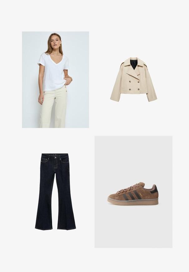 Beige kort jakke med dobbeltryk lavet af bomuldsblanding, med stor revers, to forlommer og knapdetaljer foran.; Desires DEDANNON TEE - T-shirts basic - white; Mørkeblå denim jeans med høj talje, forlommer og brede, flagrende ben, udstillet fladt på en hvid baggrund.; Brun ruskindssneaker med tre mørke striber, tekstureret snørelukning foran og en kontrasterende sort hæl. Har en gummisål og gyldent logo.