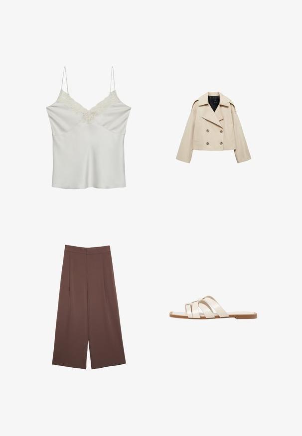 Béžová zkrácená dvouřadá bunda vyrobená z bavlněného směsového materiálu, s velkým límcem, dvěma předními kapsami a knoflíkovými detaily na přední straně.; Bílý saténový top s krajkovými detaily podél výstřihu do V, vybavený tenkými nastavovacími ramínky a hladkou texturou.; Hnědé široké kalhoty s hladkou texturou, vysokým pasem a předními záhyby. Materiál je lehký a volně splývá.; Ploché sandály s hnědou gumovou podrážkou, navržené se třemi překrývajícími se bílými koženými řemínky a malým mašlí uprostřed.