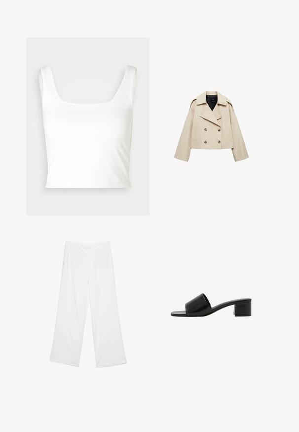 Bežna kratka dvoredna jakna iz mešanice bombaža, ki ima široke reverje, dva sprednja žepa in gumbaste detajle spredaj.; GAP COMPACT BRAMI - Top - new off white; Široke hlače iz belega blaga, ki se ponašajo z gladko teksturo, sprednjimi žepi in klasičnim pasom z zankami za pas.; Črne usnjene sandale z odprtim prstom in širokim trakom ter trdim blokastim peto. Imajo gladko teksturo in minimalističen dizajn.