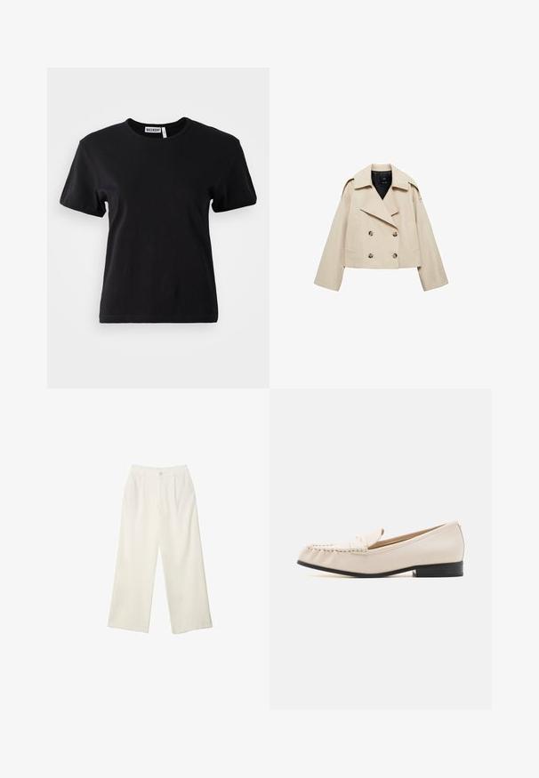 Giacca cropped doppio petto beige realizzata in misto cotone, con ampio bavero, due tasche anteriori e dettagli con bottoni sul davanti.; T-shirt in cotone nero misto con colletto rotondo, maniche corte e vestibilità rilassata. L'etichetta riporta la scritta "WEEKDAY" all'interno del colletto.; Pantaloni a gamba larga in tessuto crema con una texture liscia, caratterizzati da un singolo bottone frontale, pieghe sottili e un design a vita alta.; MICHAEL Michael Kors CARLSON LOAFER - Scarpe senza lacci - light cream