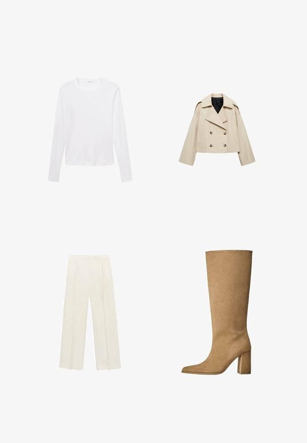 Bežna kratka dvoredna jakna iz mešanice bombaža, ki ima široke reverje, dva sprednja žepa in gumbaste detajle spredaj.; Bela majica s dolgimi rokavi iz lahkega materiala, z okroglo ovratnikom in ravnim krojem, brez vidnih vzorcev ali dodatkov.; Hlače širokih nogavic v svetli kremni barvi. Narejene iz gladkega materiala s plitkimi naborki spredaj in stranskimi žepi.; Tanki suede škornji do kolen v bež barvi z blok peto, z ošiljenim nosom in gladko teksturo. Minimalističen dizajn brez okraskov.