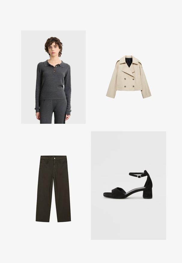 Beżowa skrócona marynarka o podwójnym zapięciu, wykonana z mieszanki bawełny, z dużym kołnierzem, dwiema przednimi kieszeniami i guzikami na przodzie.; Szary sweter ryżowy z kołnierzykiem, trzema brązowymi guzikami i długimi rękawami, o dopasowanym kroju i miękkiej strukturze.; Ciemnozielone spodnie dżinsowe typu wide-leg wykonane z mieszanki bawełny, z zamkiem na guzik z przodu, pięcioma kieszeniami i klasycznym przeszyciem dżinsowym.; Czarne zamszowe sandały na obcasie z cienkim paskiem wokół kostki, otwartym noskiem i skromnym słupkowym obcasem. Gładka faktura i minimalne akcenty.