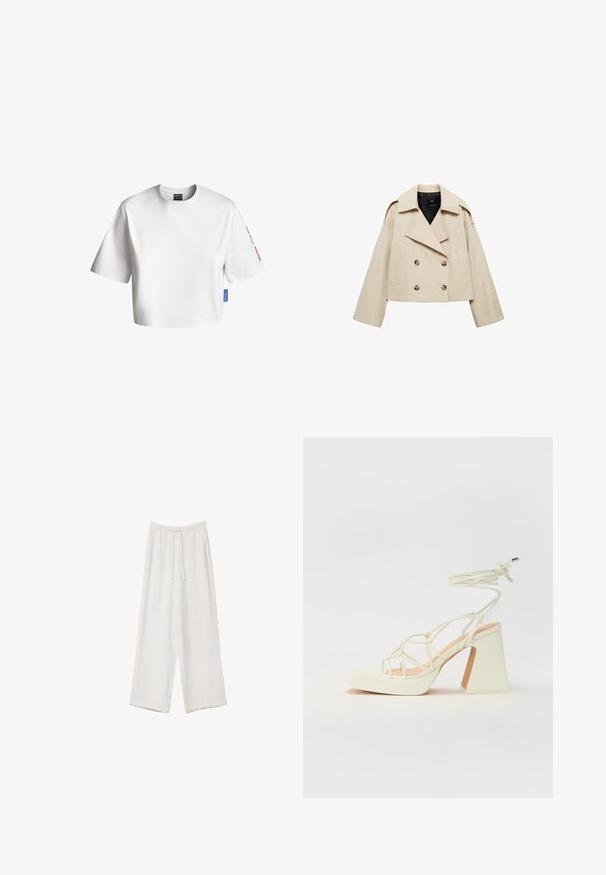 Béžová skrátená dvojradová bunda vyrobená z bavlneného zloženia, s veľkými klopami, dvoma prednými vreckami a gombíkovými doplnkami na prednej strane.; Biely skrátený tričko vyrobené z bavlny, s krátkymi rukávmi, okrúhlym výstrihom a modrou etiketou na boku. Text na rukáve v červenej farbe.; Biele široké nohavice vyrobené z ľahkej tkaniny. Obsahujú elastický pás so sťahovacou šnúrkou a bočné vrecká. Hladká textúra.; Biele sandále na vysokom opätku s hrubým podpätkom, s pruhovaným dizajnom a viazaním na členku. Hladký povrch s platformou vpredu pre zvýšenú výšku.