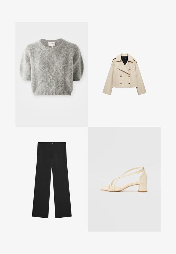 Beige taillierte doppelkinnige Jacke aus Baumwollmischung, mit einem großen Revers, zwei Fronttaschen und Knopfakzenten auf der Vorderseite.; Grauer, kurzärmeliger Pullover mit Zopfmuster und geripptem Saum. Hergestellt aus einem weichen, strukturierten Material. Markenlabel am Hals sichtbar.; Schwarze Weitbein-Hosen aus leichtem Stoff, mit einem Knopfverschluss, ohne sichtbare Muster und einer glatten, einfarbigen Textur.; Beige Sandalen mit Absatz, Blockabsatz, Riemchen-Design und verstellbarem Knöchelriemen, aus glattem synthetischem Material mit matter Oberfläche.