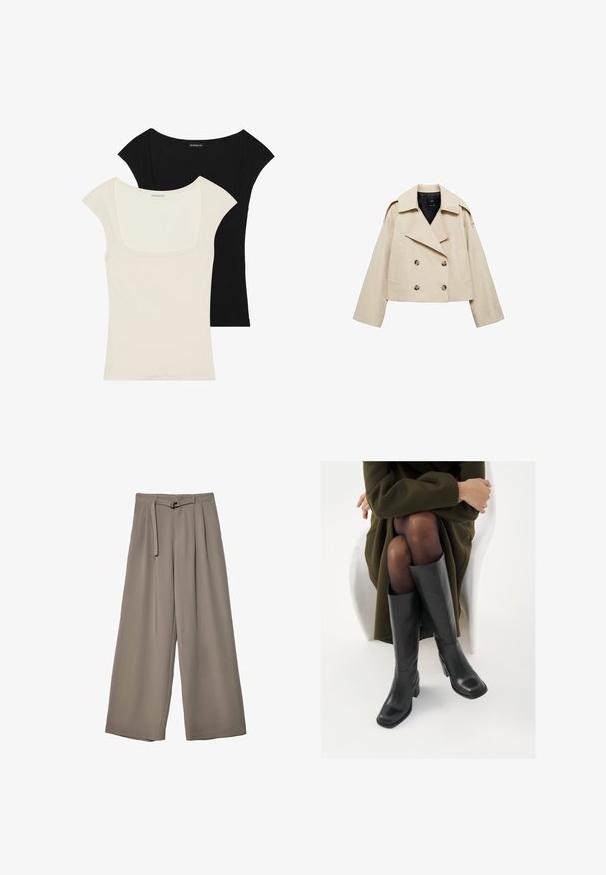 Giacca cropped doppio petto beige realizzata in misto cotone, con ampio bavero, due tasche anteriori e dettagli con bottoni sul davanti.; Due magliette aderenti a maniche corte: una nera e una off-white. Entrambe presentano uno scollo quadrato e una texture a coste, con una finitura liscia.; Pantaloni a gamba larga in un morbido tessuto grigio tenue, con vita con cintura e pieghe per un tocco di design aggiuntivo. Texture liscia, senza motivi.; Stivali neri in pelle alti fino al ginocchio con punta squadrata e tacco a blocco, mostrati con un modello seduto in un cappotto verde oliva. Texture liscia, dettagli minimi.