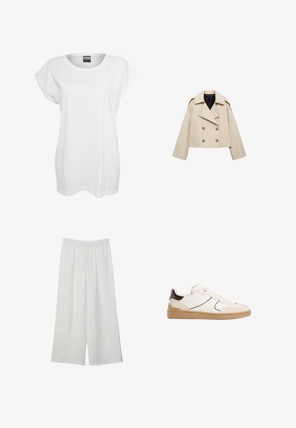 Béžová zkrácená dvouřadá bunda vyrobená z bavlněného směsového materiálu, s velkým límcem, dvěma předními kapsami a knoflíkovými detaily na přední straně.; Bílý tričko s krátkým rukávem vyrobené z bavlny, s volným střihem, širokým výstřihem a minimalistickým designem bez vzorů nebo akcentů.; Bílé kalhoty s širokými nohavicemi vyrobené z lehké tkaniny, s elastickým pasem a stahovací šňůrkou pro nastavitelnou velikost. Hladká textura.; Stradivarius Tenisky - white