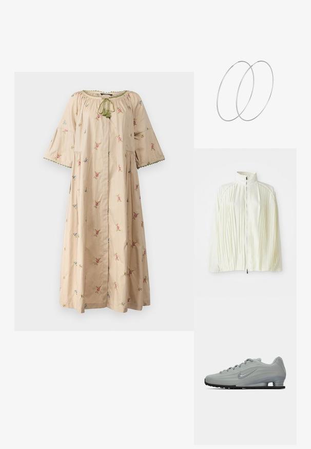 Valkoinen poimutettu takki, jossa on korkea kaulus, vetoketjukiinnitys ja joustava helma. Valmistettu kevyestä, kiiltävästä kankaasta.; WEEKEND MaxMara TASO - Vapaa-ajan mekko - sabbia; Sivuprofiili vaaleanharmaasta Nike-lenkkarista, jossa on nauhat, swoosh-logo ja läpinäkyvä vaimennuspohja yksinkertaisella taustalla.; Ruskea nahkainen olkalaukku, jossa on kaareva muoto, erottuva solk yksityiskohta, kontrastivärinen ommel ja yksi olkahihna.; Hopehope hopeilla, joissa on minimalistinen muotoilu. Pyöreä muoto, sileä pinta ja ohut profiili. Kevyet ja kiillotetut.