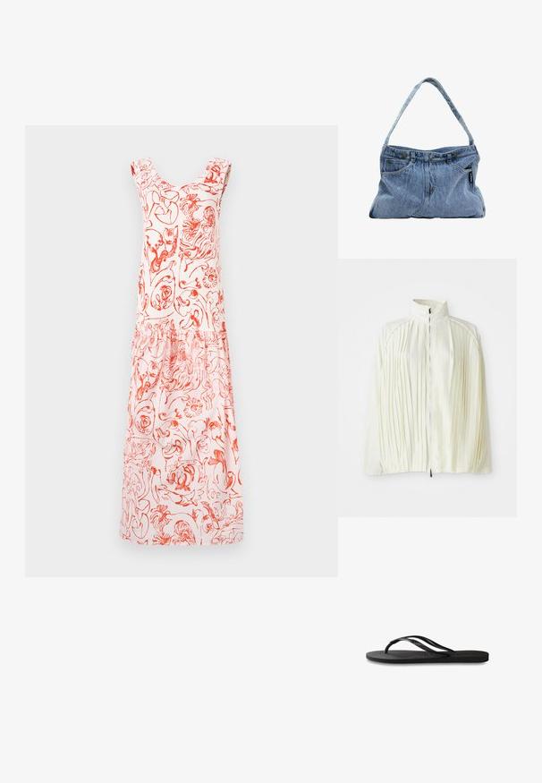 Witte geplooide jas met een hoge kraag, rits sluiting aan de voorkant en een elastische zoom. Gemaakt van een lichte, glanzende stof.; Bloemdruk jurk in lichtroze met rode designs, met een ronde hals en schouderbanden met ruches, die vloeiend naar een geraffineerde zoom loopt.; Zwarte flip-flop met een gestructureerde rubberen zool, twee slanke banden en een subtiele, ingedrukte logo-detail op de band.; Denim schoudertas met een gebogen hengsel, twee voorzakken en een knoopsluiting aan de bovenkant, met lichtblauwe stof en contrasterende stiksels.