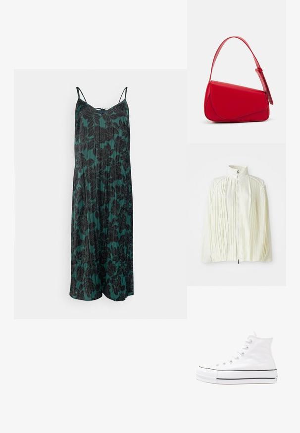 Baltos klostuotos striukės su aukštu apykakle, užtrauktuko priekyje ir elastingu apačioje. Pagaminta iš lengvo, blizgaus audinio.; Tamsiai žalia gėlėta suknelė su juodomis peonijų raštais, pasižyminti plonomis petnešėlėmis ir plačiu siluetu.; Balti aukštakulniai drobės sportbačiai su juodu guminio pado, priekinio guminio piršto dangteliu ir šešiais akytėmis raištams, pasižymintys švariu, minimalistiniu dizainu.; Raudona odinė rankinė su kampuota, geometrine forma. Pasižymi viena reguliuojama dirželiu ir dangteliu su siuvinėtais dekoracijomis.