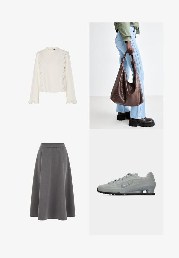 Bijela plisirana jakna s visokim ovratnikom, zatvaranjem na zip i elastičnom donjim rubom. Izrađena od lagane, sjajne tkanine.; Sivi pleteni pulover s dugim rukavima, rebrastim manžetama i donjim rubom. Okrugli izrez s opuštenim krojem i mekom teksturom. Nema vidljivih uzoraka ili detalja.; Bijela bluzica s dugim rukavima, koja ima visoki ovratnik, čipkast rub u obliku valova duž prednje strane i rukava, te glatku, teksturiranu tkaninu.; Siva A-linija suknja s glatkom teksturom, nabranim dizajnom i prilagođenim strukom. Tkanina izgleda lagano i meko se drapira.; Bočni pogled na svijetlosive Nike tenisice s vezicama, swoosh logom i prozirnom potplatom za amortizaciju na jednostavnoj pozadini.; Smeđa tkaná kožna torba s čvorastim ručkama, koju nosi osoba u svijetloplavim trapericama i crnim masivnim cipelama. Glatka, teksturirana površina.