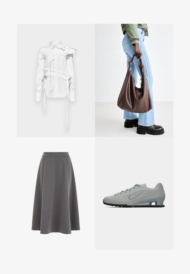 White pleated jacket with a high collar, zip front closure, and elastic hem. Made from a lightweight, shiny fabric.; Gray knit sweater with long sleeves, ribbed cuffs, and hem. Round neckline with a relaxed fit and soft texture. No visible patterns or accents.; White shirt featuring a unique asymmetrical design with a large bow on one shoulder, tie accents on the sides, and a classic collar.; Gray A-line skirt with a smooth texture, pleated design, and a fitted waist. Fabric appears lightweight and drapes softly.; Side view of a light gray Nike sneaker with laces, a swoosh logo, and a transparent cushioning sole on a plain background.; Brown woven leather tote bag with knotted handles, carried by a person in light blue jeans and black chunky shoes. Smooth, textured surface.