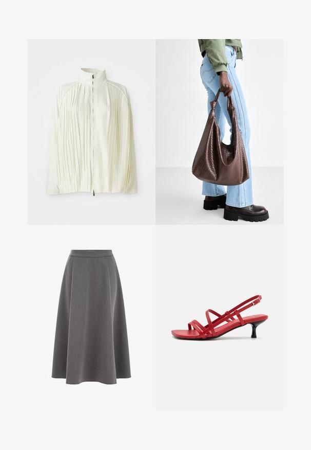 Valkoinen poimutettu takki, jossa on korkea kaulus, vetoketjukiinnitys ja joustava helma. Valmistettu kevyestä, kiiltävästä kankaasta.; Harmaa neulepusero pitkillä hihoilla, ribbaus hihansuissa ja helmassa. Pyöreä kaula-aukko, rento istuvuus ja pehmeä pinta. Ei näkyviä kuvioita tai yksityiskohtia.; Harma A-linjainen hame, jossa on sileä pinta, pleatattu muotoilu ja istuva vyötärö. Kangas näyttää kevyeltä ja laskeutuu pehmeästi.; Punaiset hihnasaappaat, joissa on hoikka, korkea kenkä. Yläosa on valmistettu sileästä materiaalista ja siinä on tasapohja ja nilkkahihna tukemaan.; Ruskea kudottu nahkainen käsilaukku, jossa on solmittu kahva, henkilö kantaa sitä vaaleansinisten farkkujen ja mustien jykevien kenkien kanssa. Sileä, tekstuuri pinnan.