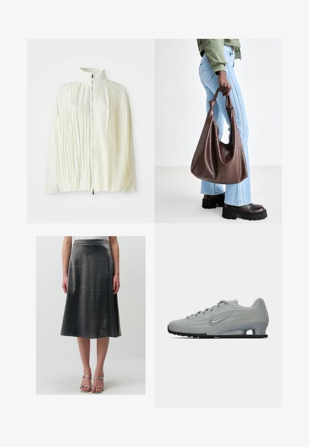 Veste blanche plissée avec un col montant, fermeture à zip sur le devant et ourlet élastique. Fabriquée à partir d'un tissu léger et brillant.; Pull en tricot gris avec manches longues, poignets côtelés et ourlet. Encolure ronde avec une coupe décontractée et une texture douce. Pas de motifs ou d'accents visibles.; T-shirt blanc oversize en coton doux. Il possède des manches courtes, un col rond et une coupe décontractée sans motifs ni accents visibles.; Une jupe en satin gris, arrivant au genou, avec une texture lisse, présentant un léger éclat et une silhouette évasée, complétée par une taille simple.; Vue latérale d'une sneaker Nike gris clair avec des lacets, un logo swoosh et une semelle de coussin transparent sur un fond uni.; Sac fourre-tout en cuir tissé marron avec des poignées nouées, porté par une personne en jean bleu clair et des chaussures noires épaisses. Surface lisse et texturée.