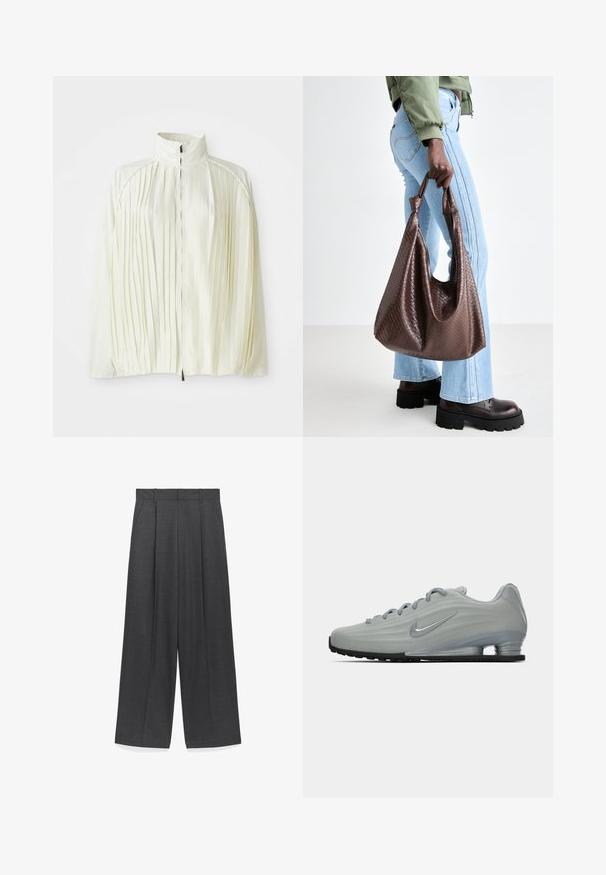 Witte geplooide jas met een hoge kraag, rits sluiting aan de voorkant en een elastische zoom. Gemaakt van een lichte, glanzende stof.; Grijze gebreide trui met lange mouwen, geribbelde manchetten en zoom. Ronde halslijn met een losse pasvorm en een zachte textuur. Geen zichtbare patronen of accenten.; Witte oversized t-shirt van zachte katoen. Heeft korte mouwen, een ronde halslijn en een ontspannen pasvorm zonder zichtbare patronen of accenten.; Wijd uitlopende broek in donkergrijs stof, met een zachte textuur, voorkeursplooien en een standaard tailleband met riemlussen.; Zijaanzicht van een lichtgrijze Nike sneaker met veters, een swoosh-logo en een doorzichtige schokdempende zool op een effen achtergrond.; Bruine gevlochten leren tote bag met geknoopte handvatten, gedragen door een persoon in lichtblauwe spijkerbroek en zwarte Chunky schoenen. Gladde, textuurrijke oppervlakte.