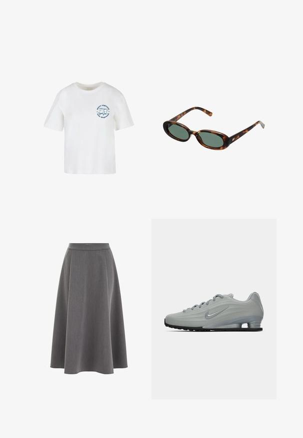 Biała plisowana kurtka z wysokim kołnierzem, zamkiem z przodu i elastycznym dołem. Wykonana z lekkiego, błyszczącego materiału.; Szary sweter dzianinowy z długimi rękawami, ribbowanymi mankietami i dołem. Okrągły dekolt z luźnym krojem i miękką teksturą. Bez widocznych wzorów czy akcentów.; Biała bawełniana koszulka z krótkim rękawem, okrągłym dekoltem i niebieskim nadrukiem graficznym przedstawiającym dwie postacie z kreskówek oraz tekst "więcej espresso, mniej depresji".; Szara spódnica w kształcie litery A o gładkiej fakturze, plisowanym designie i dopasowanej talii. Materiał wydaje się lekki i miękko się układa.; Widok z boku jasnoszarego trampka Nike z sznurówkami, logo w kształcie łyżwy oraz przezroczystą podeszwą amortyzującą na jednolitym tle.; Okulary przeciwsłoneczne w kolorze tortoise z owalnymi oprawkami i zielonymi soczewkami. Posiadają cienkie zauszniki z metalowym akcentem przy zawiasach.; Brązowa pleciona skórzana torba tote z węzłowymi uchwytami, noszona przez osobę w jasnoniebieskich dżinsach i czarnych masywnych butach. Gładka, teksturowana powierzchnia.