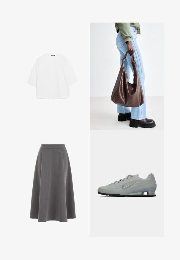 Giacca bianca plissè con colletto alto, chiusura anteriore con zip e orlo elastico. Realizzata in un tessuto leggero e lucido.; Maglione grigio a maglia con maniche lunghe, polsini e orlo a coste. Collo rotondo con una vestibilità comoda e una texture morbida. Nessun motivo o dettaglio visibile.; T-shirt bianco oversize realizzata in morbido cotone. Caratterizzata da maniche corte, un colletto tondo e una vestibilità rilassata senza modelli o dettagli visibili.; Gonna A-line grigia con texture liscia, design plissé e vita aderente. Il tessuto sembra leggero e si drappeggia dolcemente.; Vista laterale di una sneaker Nike grigia chiara con lacci, logo swoosh e suola con ammortizzazione trasparente su uno sfondo neutro.; Borsa tote in pelle intrecciata marrone con manici annodati, portata da una persona in jeans blu chiaro e scarpe nere robuste. Superficie liscia e strutturata.