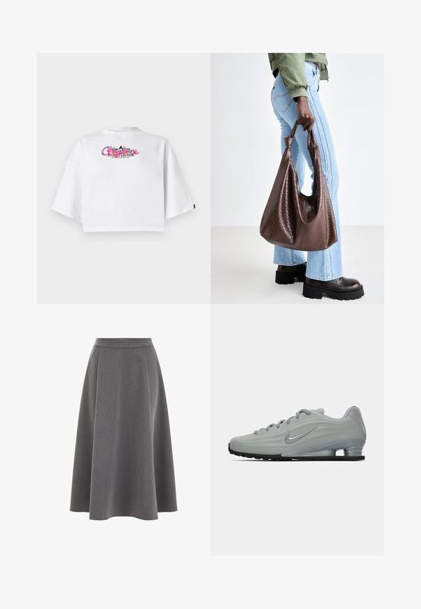 Biała plisowana kurtka z wysokim kołnierzem, zamkiem z przodu i elastycznym dołem. Wykonana z lekkiego, błyszczącego materiału.; Szary sweter dzianinowy z długimi rękawami, ribbowanymi mankietami i dołem. Okrągły dekolt z luźnym krojem i miękką teksturą. Bez widocznych wzorów czy akcentów.; Biała, krótka koszulka z szerokimi rękawami i kolorowym logo "Alpha Studio Edition" na klatce piersiowej, na jednolitym tle.; Szara spódnica w kształcie litery A o gładkiej fakturze, plisowanym designie i dopasowanej talii. Materiał wydaje się lekki i miękko się układa.; Widok z boku jasnoszarego trampka Nike z sznurówkami, logo w kształcie łyżwy oraz przezroczystą podeszwą amortyzującą na jednolitym tle.; Brązowa pleciona skórzana torba tote z węzłowymi uchwytami, noszona przez osobę w jasnoniebieskich dżinsach i czarnych masywnych butach. Gładka, teksturowana powierzchnia.