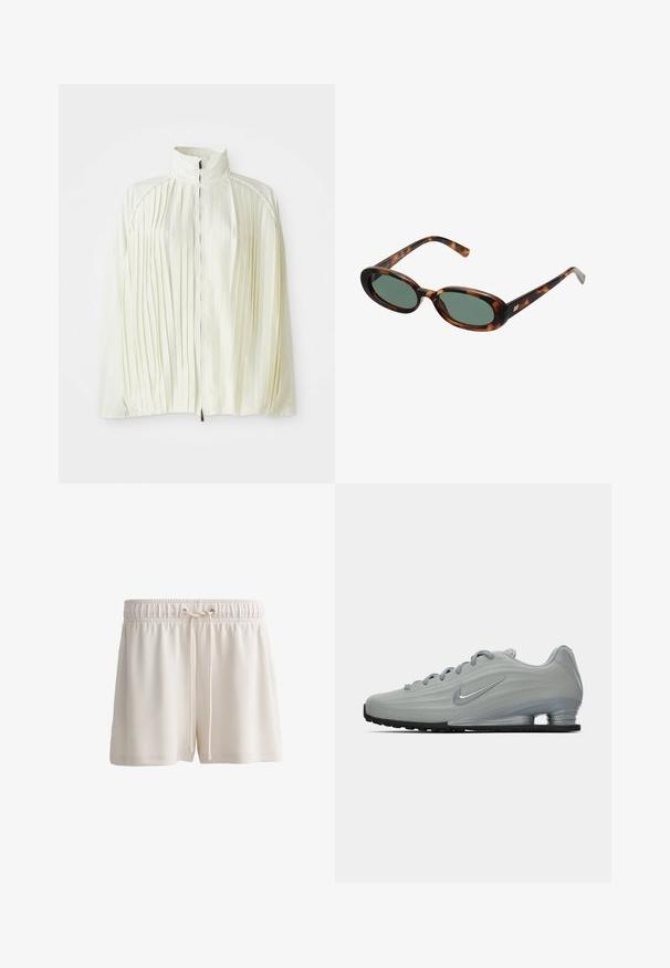 Hvid plisseret jakke med høj krave, lynlås foran og elastisk kant. Fremstillet af et letvægts, skinnende stof.; Grå strikket sweater med lange ærmer, ribbede manchetter og bund. Rund halsudskæring med en afslappet pasform og blød tekstur. Ingen synlige mønstre eller accenter.; Cremefarvede shorts lavet af blødt materiale, med elastisk talje og snøre samt en enkel nederdelsdesign.; Sidelæns udsigt af en lysegrå Nike sneaker med snørebånd, et swoosh-logo og en gennemsigtig sål med komfortabel dæmpning på en ensfarvet baggrund.; Skildpaddemønstrede solbriller med ovale stel og grønne linser. Har tynde arme med en metallisk detalje nær hængslerne.; Brun flettet læder totepose med knyttede håndtag, båret af en person i lyseblå jeans og sorte chunky sko. Glat, struktureret overflade.