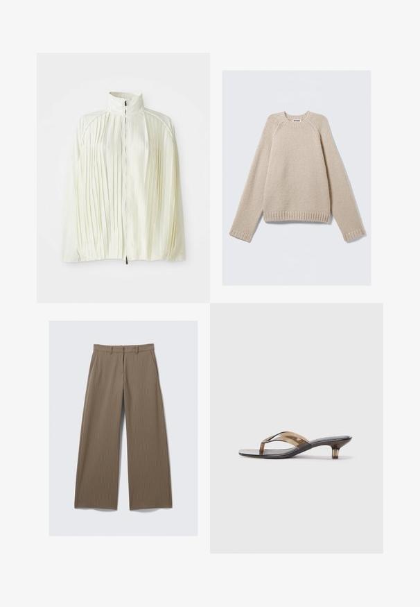 Fehér redőzött dzseki magas gallérral, cipzáras elülső záródással és elasztikus alsó résszel. Könnyű, fényes anyagból készült.; Beige kötött pulóver hosszú raglán ujjal, bordás mandzsettával és alsó résszel, világos háttéren kifektetve.; Barna csíkos, bő lábú nadrág sima textúrával és klasszikus dizájnnal, derékrésszel és elülső pliszékkal a szabott illeszkedés érdekében.; Átlátszó sarkú papucs vékony pántos dizájnnal, fekete talppal és világosbarna kiegészítőkkel, minimalista esztétikát kínál.