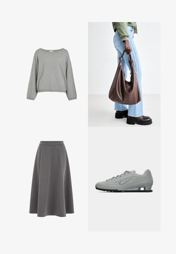 Veste blanche plissée avec un col montant, fermeture à zip sur le devant et ourlet élastique. Fabriquée à partir d'un tissu léger et brillant.; Pull en maille gris avec une coupe décontractée, un large col et des manches longues. Ourlet et poignets côtelés. Texture douce avec un design minimaliste.; T-shirt blanc oversize en coton doux. Il possède des manches courtes, un col rond et une coupe décontractée sans motifs ni accents visibles.; Jupe A-line grise avec une texture lisse, un design plissé et une taille ajustée. Le tissu semble léger et tombe doucement.; Vue latérale d'une sneaker Nike gris clair avec des lacets, un logo swoosh et une semelle de coussin transparent sur un fond uni.; Sac fourre-tout en cuir tissé marron avec des poignées nouées, porté par une personne en jean bleu clair et des chaussures noires épaisses. Surface lisse et texturée.