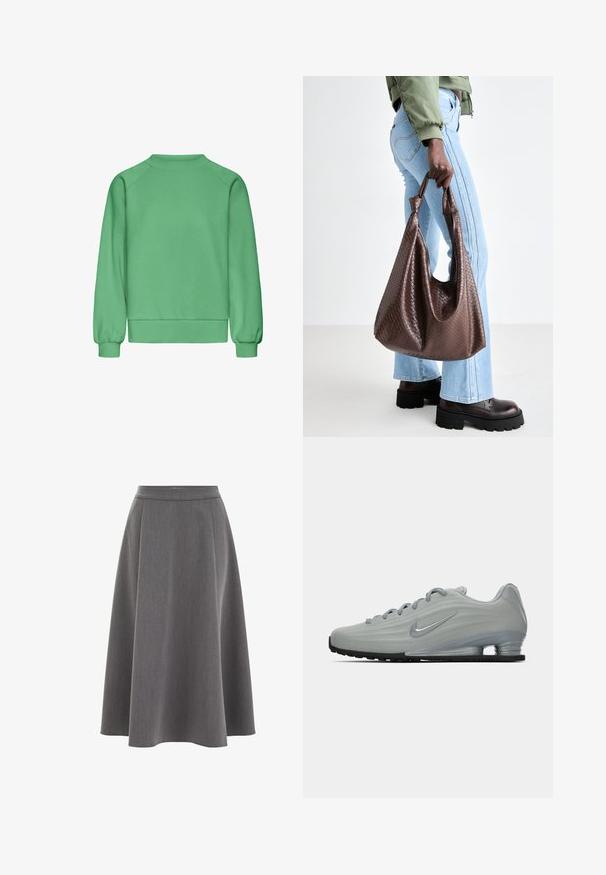 Bílá plisovaná bunda s vysokým límcem, zipovým předním zapínáním a elastickým lemem. Vyrobena z lehkého, lesklého materiálu.; Zelená mikina vyrobená z měkké látky, s žebrovaným kulatým výstřihem, raglánovými rukávy a elastickými manžetami na zápěstích a spodním lemu.; Šedá áčková sukně s hladkou texturou, sklady a těsným pasem. Tkanina působí lehce a jemně se splývá.; Boční pohled na světle šedou Nike tenisku s tkaničkami, logem swoosh a průhlednou tlumící podrážkou na jednobarevném pozadí.; Hnědá tkaná kožená taška s uzlíkovými uchy, kterou nese osoba v světle modrých džínech a černých robustních botách. Hladký, texturovaný povrch.