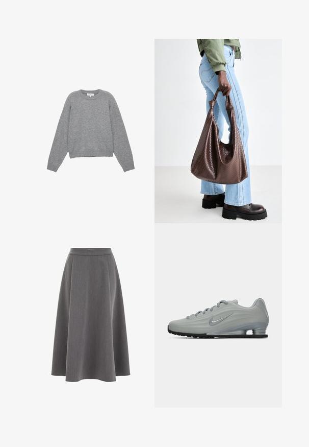 Weißer, plissierter Blazer mit hohem Kragen, Reißverschluss vorne und elastischem Saum. Hergestellt aus einem leichten, glänzenden Stoff.; Grauer Strickpullover mit langen Ärmeln, Rippbündchen und Saum. Rundhals mit lockerer Passform und weichem Material. Keine sichtbaren Muster oder Akzente.; Weißes, übergroßes T-Shirt aus weichem Baumwollstoff. Mit kurzen Ärmeln, runder Ausschnitt und einem lässigen Schnitt ohne sichtbare Muster oder Akzente.; Grauer A-Linien-Rock mit glatter Textur, gefälteltem Design und taillierter Passform. Der Stoff wirkt leicht und fällt sanft.; Seitenansicht eines hellgrauen Nike-Sneakers mit Schnürsenkeln, einem Swoosh-Logo und einer transparenten Dämpfungsohle auf einem schlichten Hintergrund.; Braune gewebte Leder-Handtasche mit geknoteten Griffen, die von einer Person in hellblauen Jeans und schwarzen klobigen Schuhen getragen wird. Glatte, strukturierte Oberfläche.