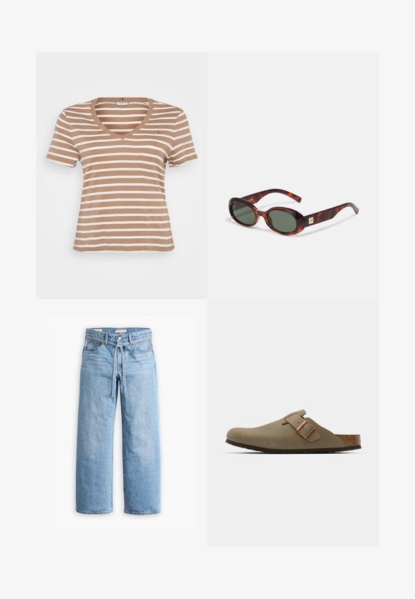 Bílá plisovaná bunda s vysokým límcem, zipovým předním zapínáním a elastickým lemem. Vyrobena z lehkého, lesklého materiálu.; Hnědo-krémový pruhovaný tričko s výstřihem do V, krátkými rukávy a měkkou strukturou. Obsahuje malou logo detail na hrudníku.; Světle modré džínové široké kalhoty s vysokým pasem, zapínáním na knoflík a zip, a šňůrkou v pase. Obroušené zakončení.; Hnědé dřeváky s hladkým matným povrchem. Na boku mají výraznou bronzovou sponu. Korek a gumová podrážka pro pohodlí.; Sluneční brýle ve stylu želvoviny s tmavými skly, oválným tvarem a širokými obrubami. Na boční straně je malý zlatý akcent. Hladký plastový materiál.