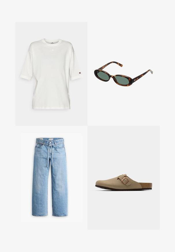 Hvit plisserte jakke med høy krage, glidelås foran og elastisk hem. Laget av et lett, skinnende stoff.; Champion ICONS OVERSIZE CREWNECK  - T-shirts med print - white; Lyseblå denim vidbukser med høyt liv, knapp- og glidelås-stenging, samt snøring i midjen. Rå kantfinish.; Beige tresko med rund tå, justerbar spenne og korksåle. Teksturert overflate med sort gummisåle for grep.; Skilpadde-skjold solbriller med ovale rammer og grønne linser. Har tynne stenger med en metallisk aksent nær hengslene.