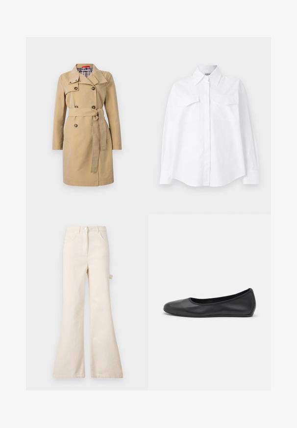 Beżowy płaszcz trencher z kołnierzem, podwójnym zapięciem z przodu, przednimi kieszeniami i paskiem. Podszewka w kratę w odcieniach niebieskiego i białego.; Biała koszula z długim rękawem o klasycznym kołnierzyku, z dwoma kieszeniami z przodu i luźnym krojem. Wykonana z bawełny, charakteryzująca się gładką fakturą.; Beżowe dżinsy z szerokimi nogawkami, wykonane z bawełny, z wysokim stanem, z zapięciem na guzik, pięcioma kieszeniami i detalem w postaci bocznej pętli.; Czarne skórzane baletki z zaokrąglonym noskiem, gładką fakturą, minimalnymi przeszyciami i elastycznym designem podeszwy.