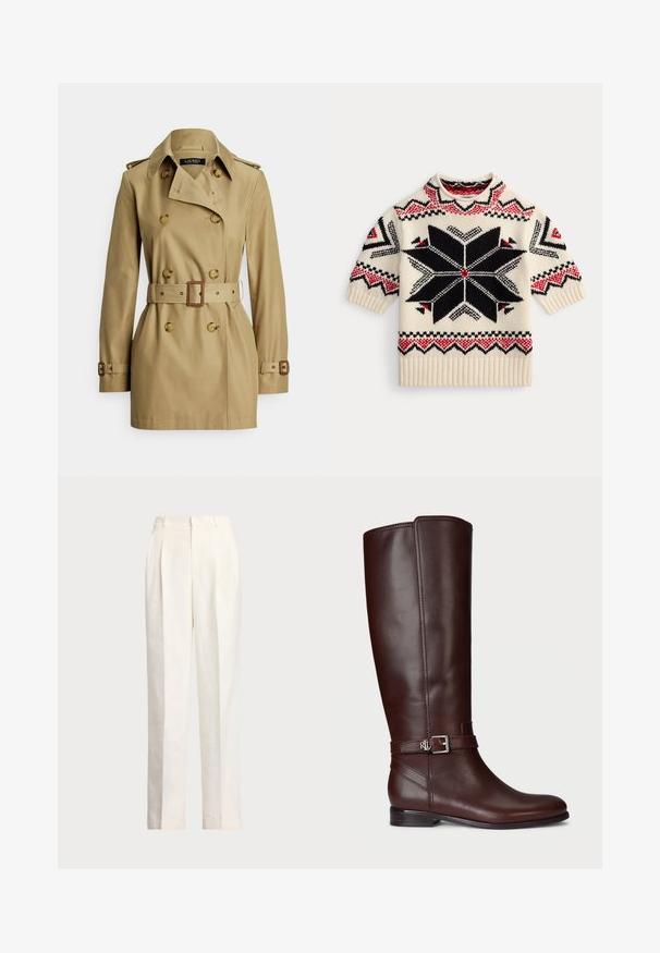 Beżowy trencz o dwurzędowym kroju, z dużymi guzikami, paskiem w talii, pagonami na ramionach i długimi rękawami. Gładka faktura materiału.; Kremowy sweter na krótki rękaw z dzianiny, z czarno-czerwonym geometrycznym wzorem gwiazdy oraz zygzakowymi akcentami na rękawach i u dołu.; Polo Ralph Lauren - Spodnie materiałowe; Brązowy skórzany botek do kolan o gładkiej teksturze, z akcentem w postaci srebrnego zapięcia i niskim, zwężanym obcasem. Posiada subtelne zdobienia w postaci szwów.