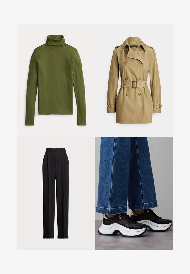 Khakifärgad trenchcoat med dubbelknäppt design, stora knappar, midjebälte, axelband och långa ärmar. Mjukt tyg.; Olivgrön polotröja i ribbad textur, med långa ärmar och en åtsittande design som har en liten broderad logotyp vid nederkanten.; Svarta skräddarsydda byxor med hög midja, med veck framtill, rak bendesign och uppvikte nederdelar. Tillverkade av ett slätt tyg.; Svart- och guldsneakers med en krökt vit sula. Texturerat tyg med logotypaccenter. Kombinerade med vida blå jeans.