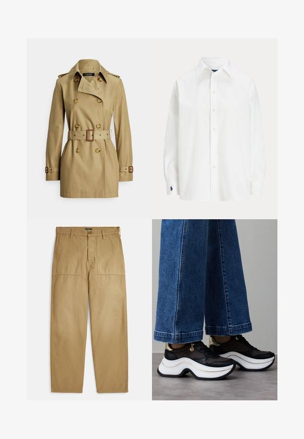 Khakifärgad trenchcoat med dubbelknäppt design, stora knappar, midjebälte, axelband och långa ärmar. Mjukt tyg.; Vit skjorta med långa ärmar, klassisk krage och en liten blå logotyp på manschetten. Slätt bomullstyg, strukturerad passform.; Khakifärgade chinos med en rak ben-design, utrustade med två sidfickor, knappstängning och en texturerad tygfinish.; Svart- och guldsneakers med en krökt vit sula. Texturerat tyg med logotypaccenter. Kombinerade med vida blå jeans.