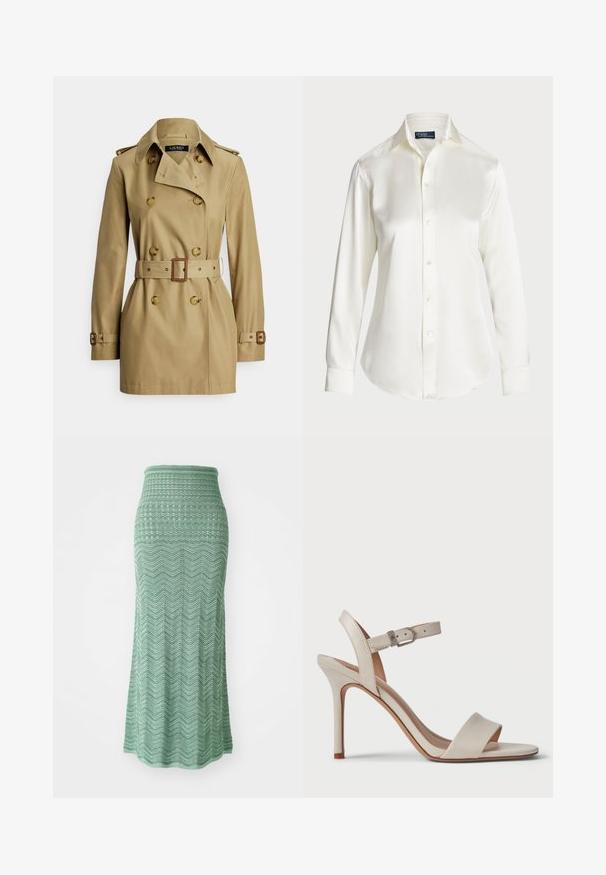 Beżowy trencz o dwurzędowym kroju, z dużymi guzikami, paskiem w talii, pagonami na ramionach i długimi rękawami. Gładka faktura materiału.; Biała koszula z długim rękawem, zapinana na guziki, wykonana z gładkiego materiału, z klasycznym kołnierzykiem i delikatnym połyskiem, z zaokrąglonym dołem i detalami w postaci guziczków.; sandro - Długa spódnica; Beżowy sandał na wysokim obcasie z gładkiej skóry, z odkrytymi palcami, szerokim paskiem z przodu oraz regulowanym paskiem na kostkę z metalową klamrą.