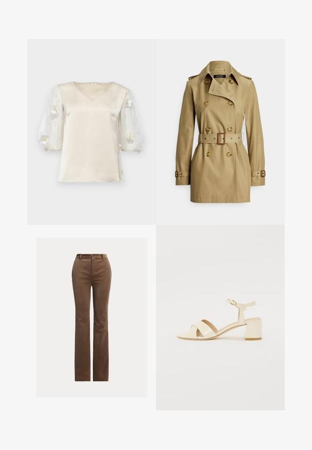 Khaki värvi trentsmantel kahe rinnaga disainiga, suured nupud, vöökohal rihmaga, õlapealsed ja pikad varrukad. Sile kangapind.; Ida Sjöstedt EXCLUSIVE RHIANNON - Pluus - ivory; Pruunid korduvad püksid sirge jala disainiga, millel on vööaasad, ettepoole avatud taskud ja peen vertikaalne soonik tekstuuri jaoks.; Beež patentnahast kontsaga sandaalid, millel on risti rihmad, avatud varvas, reguleeritav pahkluu riba ja plokk-konts. Sile tekstuur.