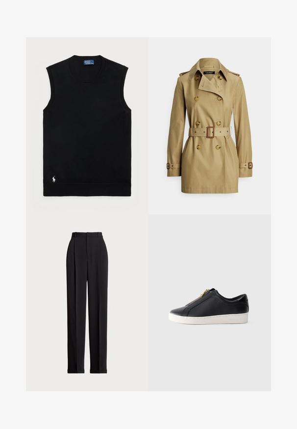 Khaki színű ballonkabát dupla soros gombolással, nagy gombokkal, öves derékkal, vállpántokkal és hosszú ujjakkal. Sima szövet textúra.; Fekete ujjatlan pamut pulóver kerek nyakkivágással. Az alján bal oldalon egy kis fehér logó található, és bordázott díszítéssel rendelkezik.; Fekete, testre szabott nadrág magas derékkal, elöl redőkkel, egyenes láblineáris kialakítással és halkézével. Sima anyagból készült.; Fekete, alacsony bőr tornacipő fehér talppal és arany cipzárral, oldalsó nézet, minimalista stílusú, egyszerű háttéren.