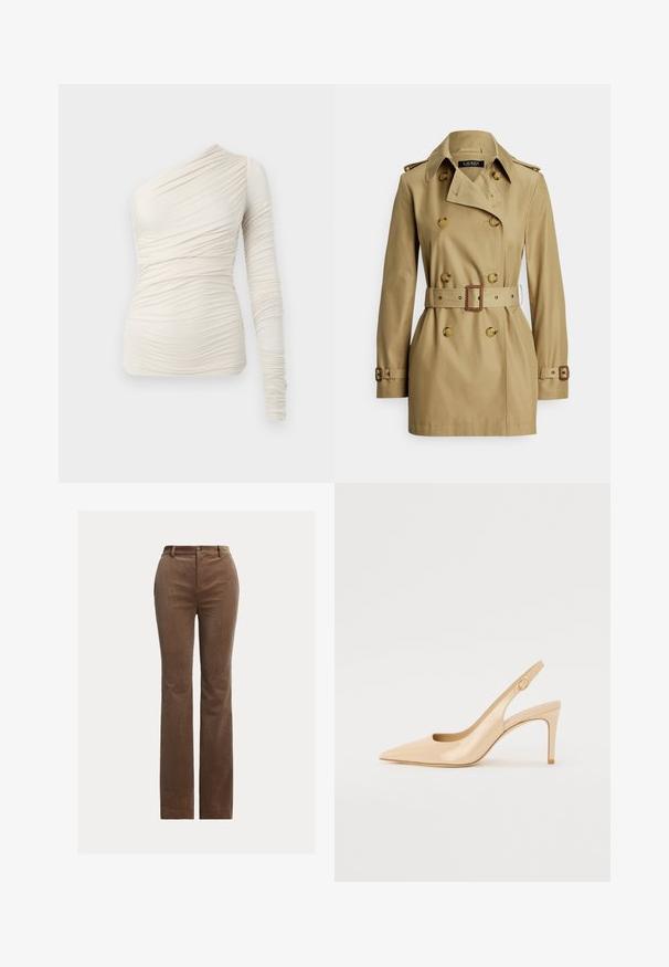 Khaki värvi trentsmantel kahe rinnaga disainiga, suured nupud, vöökohal rihmaga, õlapealsed ja pikad varrukad. Sile kangapind.; Asümmeetriline kreemjas topp pehmest kangast, millel on üks pikk varrukas ja voltimisdetailid üle kogu pinna. Lihtne, keha järgnev disain.; Pruunid korduvad püksid sirge jala disainiga, millel on vööaasad, ettepoole avatud taskud ja peen vertikaalne soonik tekstuuri jaoks.; Nude patenti nahkkingad kõrged kontsad, terava ninaga, avatud vamp ja õhuke stilettokonts. Omab ringikujulist kuldset aktsenti rihmal.