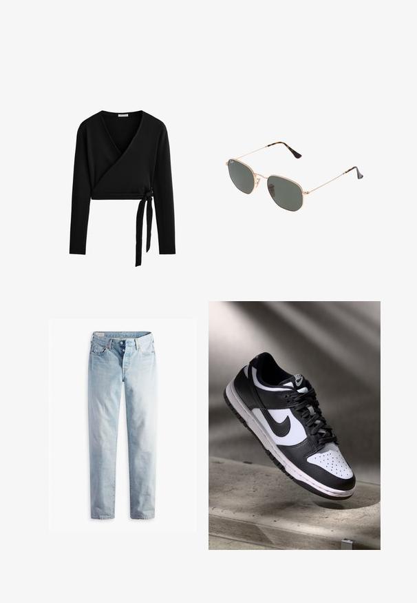 Dark blue denim jacket with a notched collar, two front pockets, and button closure. Features visible stitching and a cropped design.; Black long-sleeve wrap top made from ribbed fabric, featuring a deep V-neck and a side tie detailing for adjustable fit.; Light blue denim jeans with a straight-leg cut, two front pockets, and two back pockets. Includes two-button fly and subtle stitching.; Black and white Nike Dunk Low sneaker with leather upper, perforated toe box, and black laces, featuring a white sole and logo accents.; Gold metal-frame sunglasses with dark green lenses, aviator style, featuring slim arms and tortoiseshell accents on the tips.; Black quilted leather handbag with a gathered top, gold chain strap, and a rectangular shape, held against a plain background.