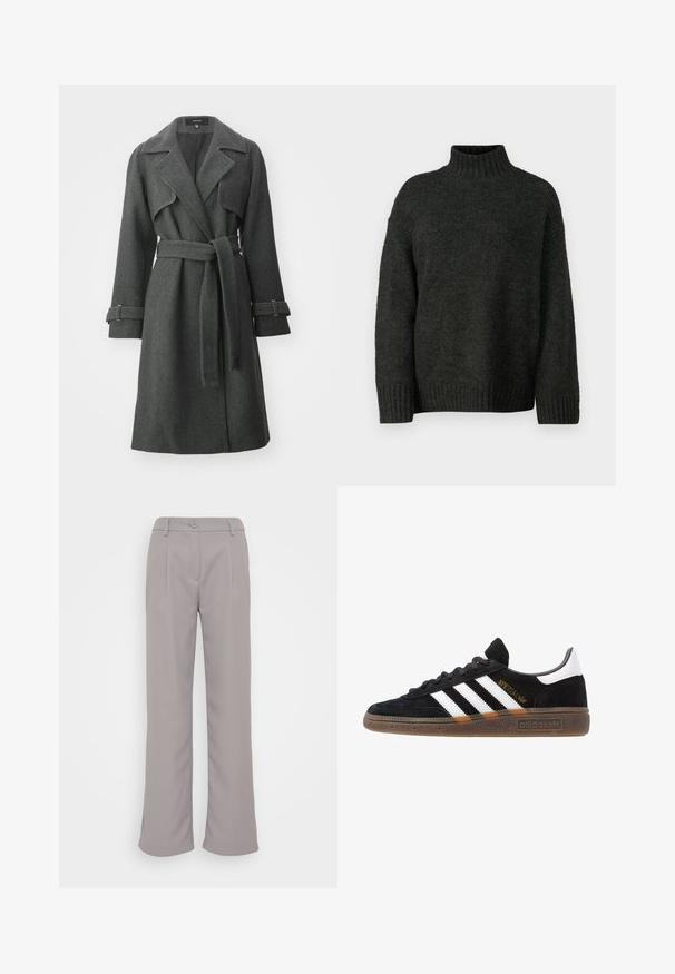 Grå ulltrenchcoat med bälte i midjan, noterat krage och långa ärmar med flikar. Har kontrasterande sömmar och rak skärning.; Vero Moda Tall VMMADDIE HIGHNECK PULL - Stickad tröja - dark grey melange; Grå byxor med vida ben och en slät yta. Har framfickor, knappstängning och sidofickor. Klassisk design för mångsidig användning.; Svarta Adidas-sneakers med vita ränder, guld "Spezial" text, gummisulor och vit hälflik, visade i profilvy.