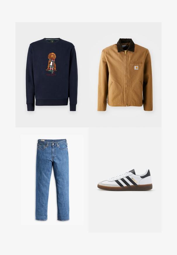 Ruskea kangastakki, jossa on tumma ruskea samettikaulus, vetoketju, rintatasku ja sivutaskut. Vasemmalla puolella on logo-painatus.; Laivastonsininen collegepaita pitkillä hihoilla, jossa on ruskea koira pitämässä yllään ruudullista huivia; designin alla punainen "Hackett" -teksti. Pehmeä puuvillakangas.; Valkoinen puuvillainen t-paita lyhyillä hihoilla, pyöreällä kaula-aukolla ja suoralla helmalla. Tasainen pinta, minimalistiinen muotoilu ilman kuvioita tai korostuksia.; Sininen denimpusero, jossa on suora lahje, kupariset niitit ja viitospussinen muotoilu. Sisältää ommellun helman ja klassisen vyötärön, jossa on vyölenkit.; Valkoiset nahkakengät mustilla mokkanahka yksityiskohdilla, kolme mustaa raitaa, beige kumipohja ja kultainen "SPEZIAL" -brändäys sivussa.